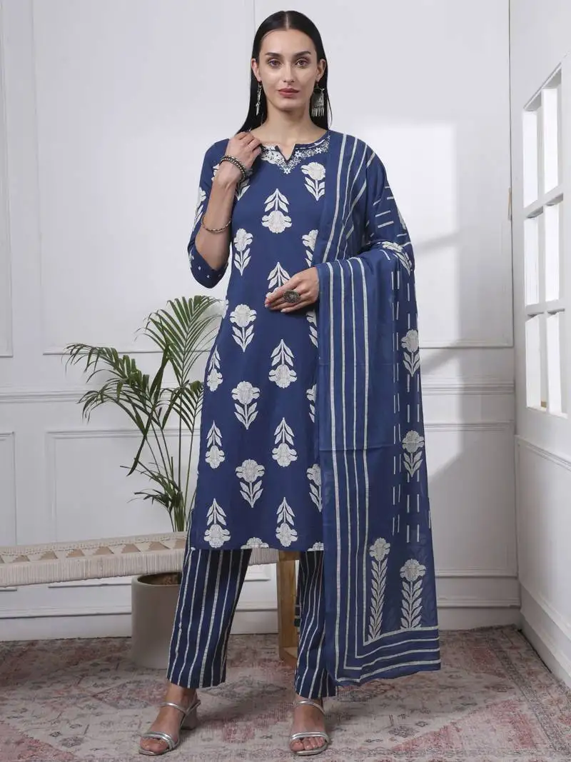 Navy blue pure cotton floral,thread work kurta dupatta pant set