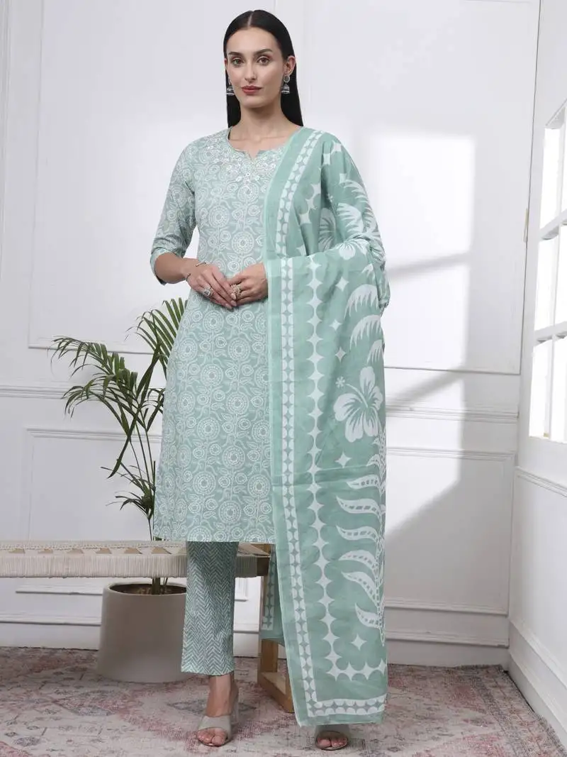 Green pure cotton ethnic motifs thread work kurta dupatta pant set