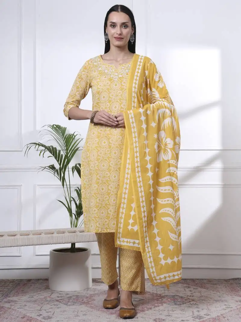 Yellow pure cotton ethnic motifs thread work kurta dupatta pant set