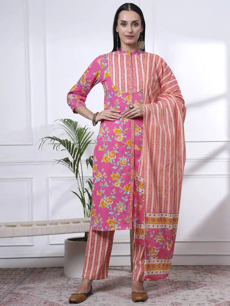 Pink pure cotton floral,sequins work kurta dupatta pant set