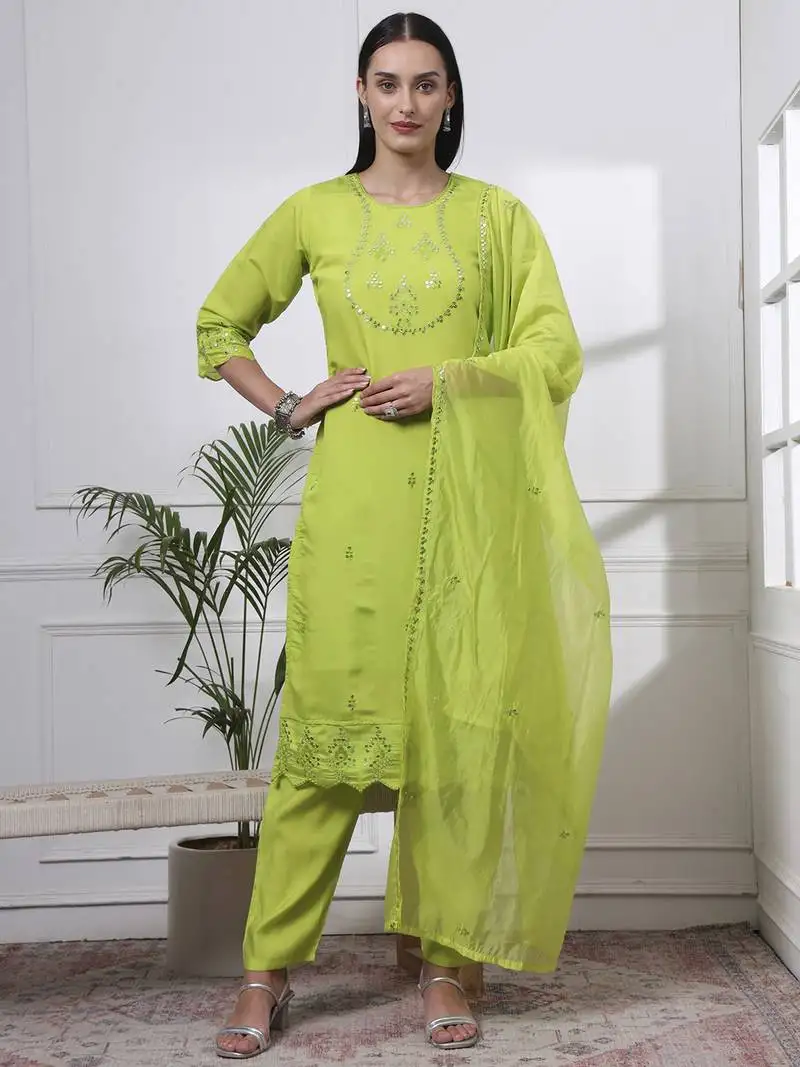 Slik blend lime green straight kurta dupatta pant set