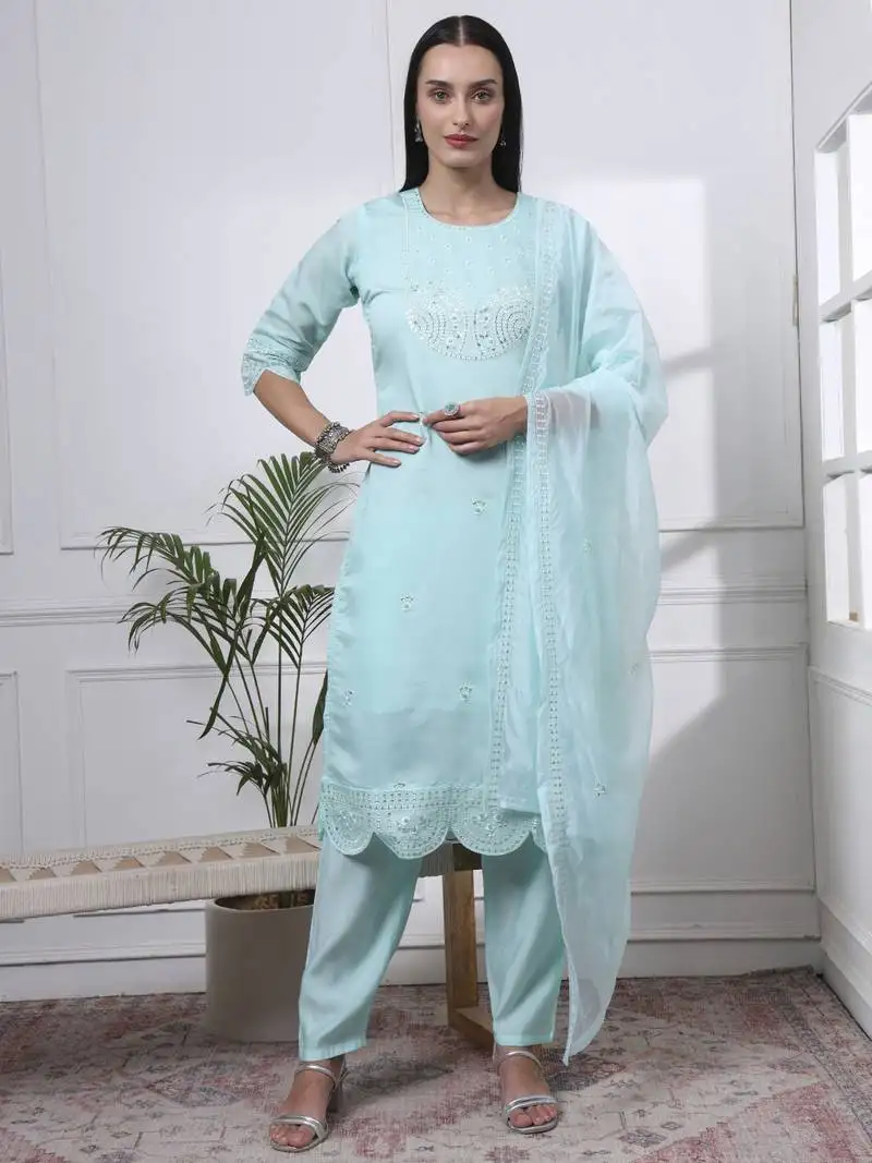 Sky blue slik blend straight kurta dupatta pant set