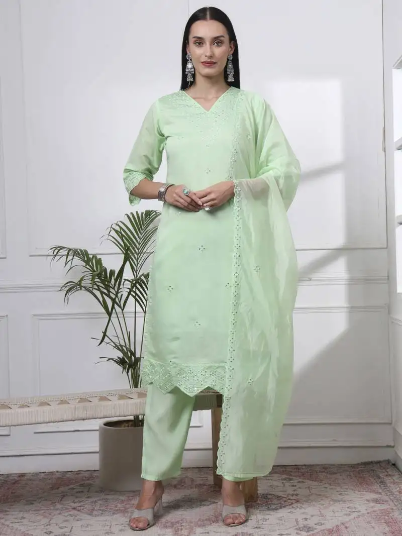 Pastel green slik blend straight kurta dupatta pant set