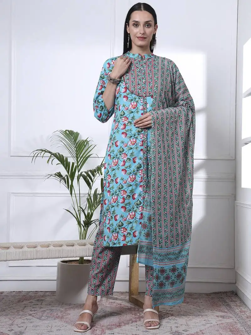Turquoise blue cotton blue straight kurta dupatta pant set
