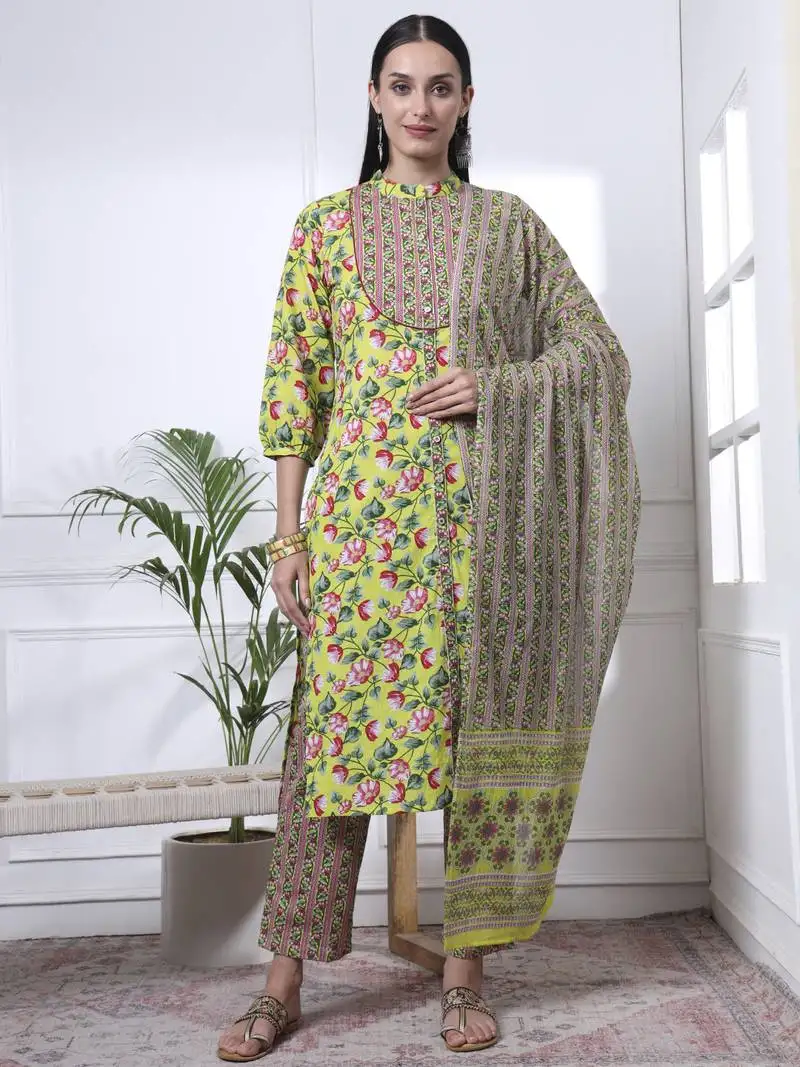 Yellow cotton blue straight kurta dupatta pant set