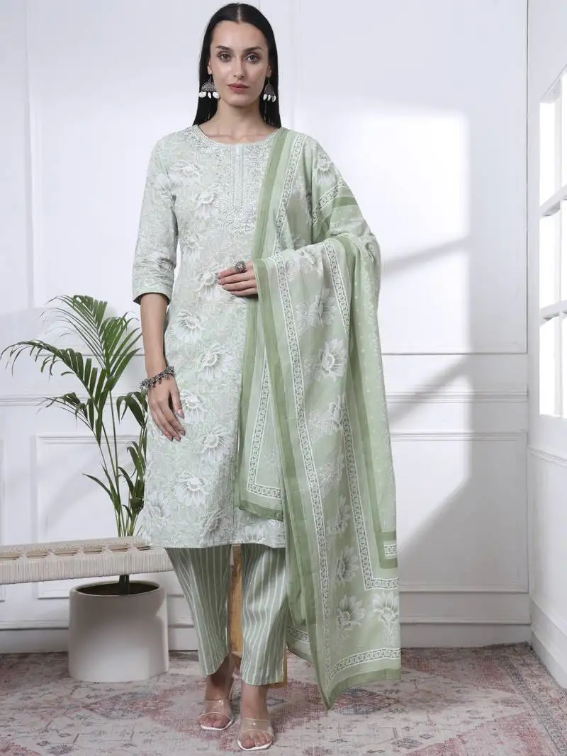 Sea green floral print thread work straight kurta trouser dupatta set