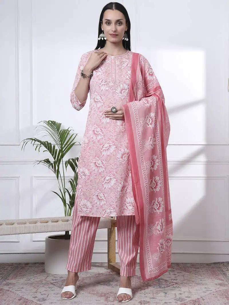 Pink floral print thread work straight kurta trouser dupatta set