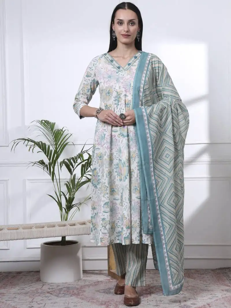 Sea green and white floral print anarkali kurta trouser dupatta set