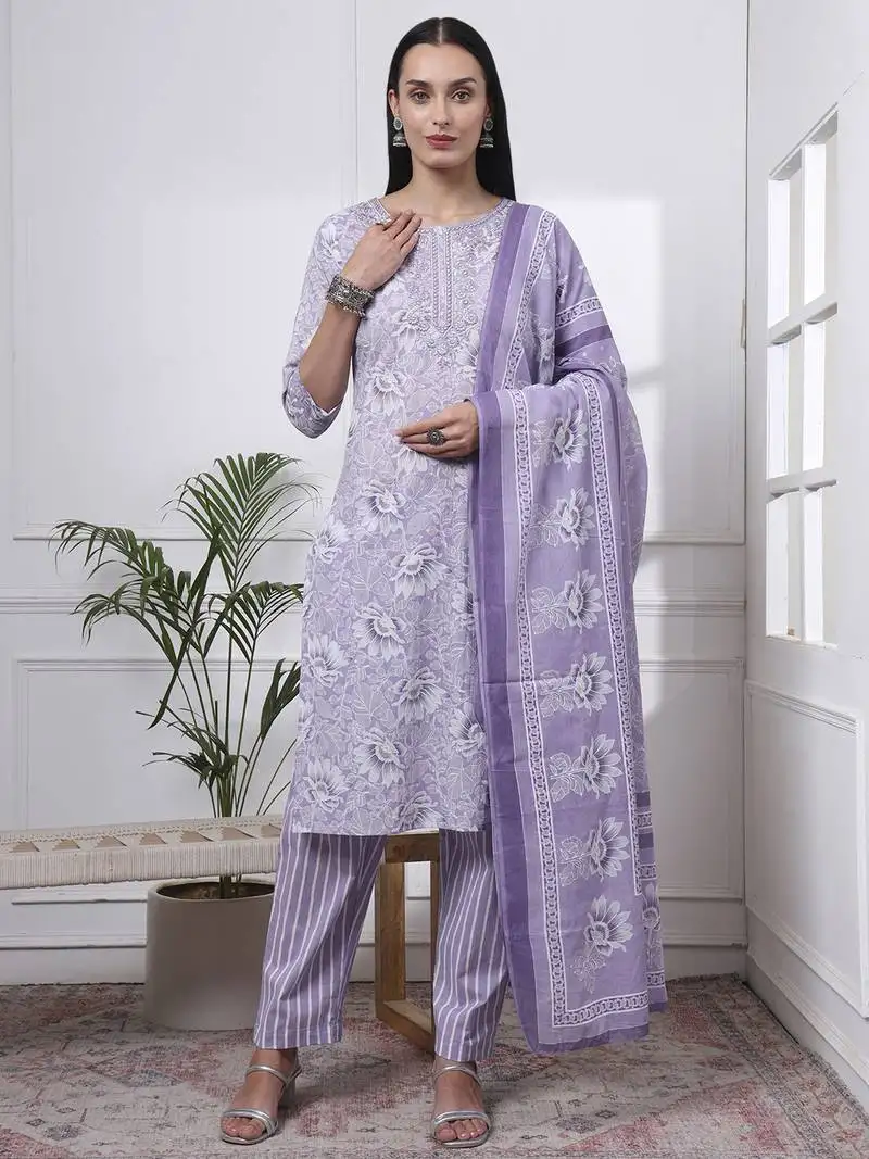 Purple floral print thread work straight kurta trouser dupatta set
