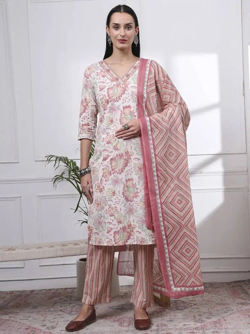 Peach and white floral print straight kurta trouser dupatta set