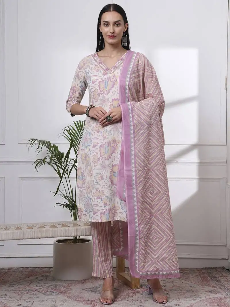 Purple and white floral print straight kurta trouser dupatta set