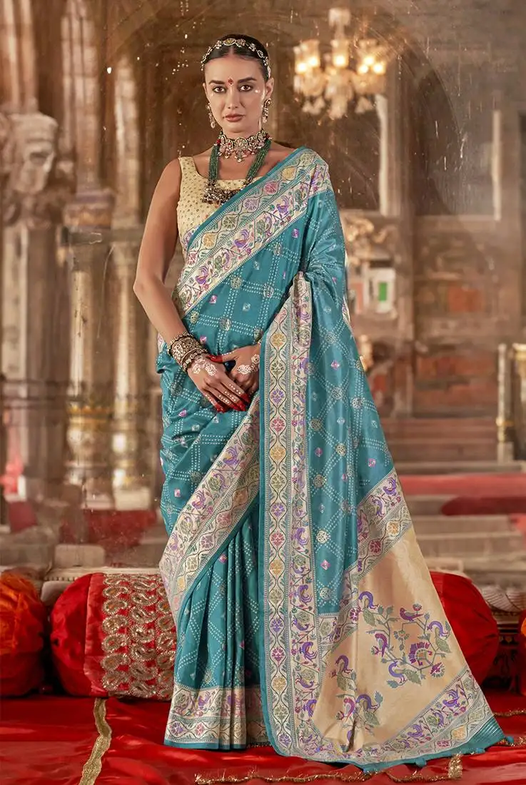Aqua blue bandhej print silk blend saree