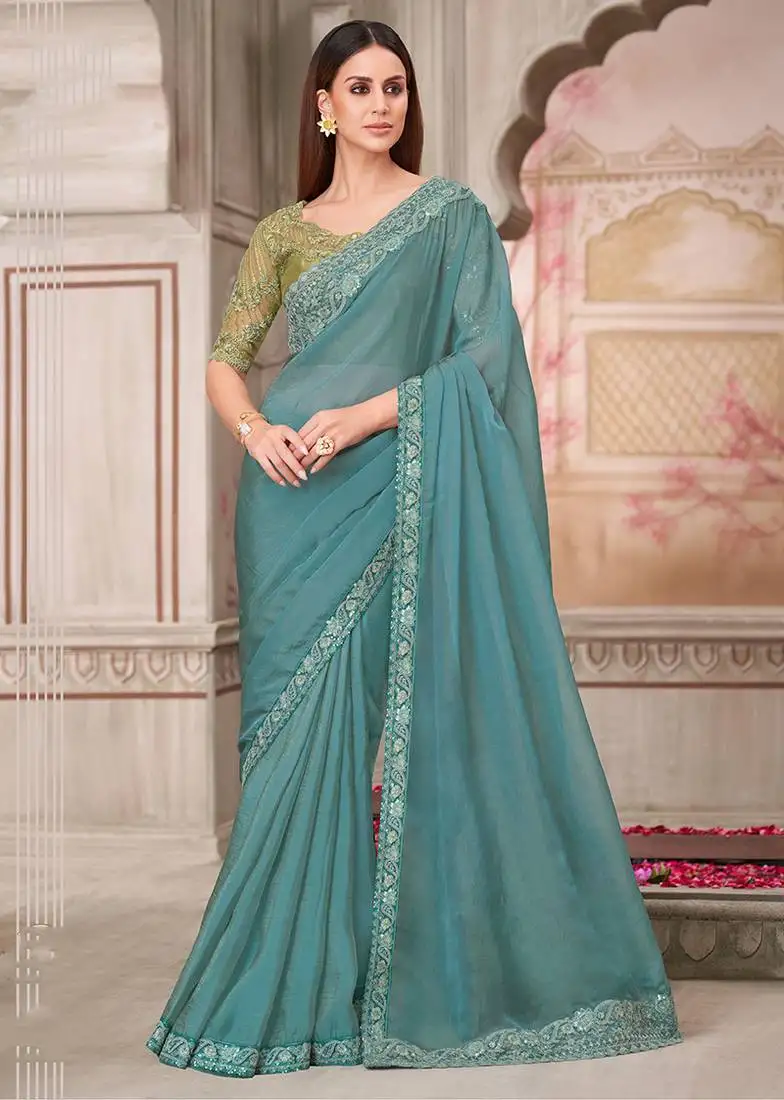 Aqua blue embroidered georgette silk party wear saree