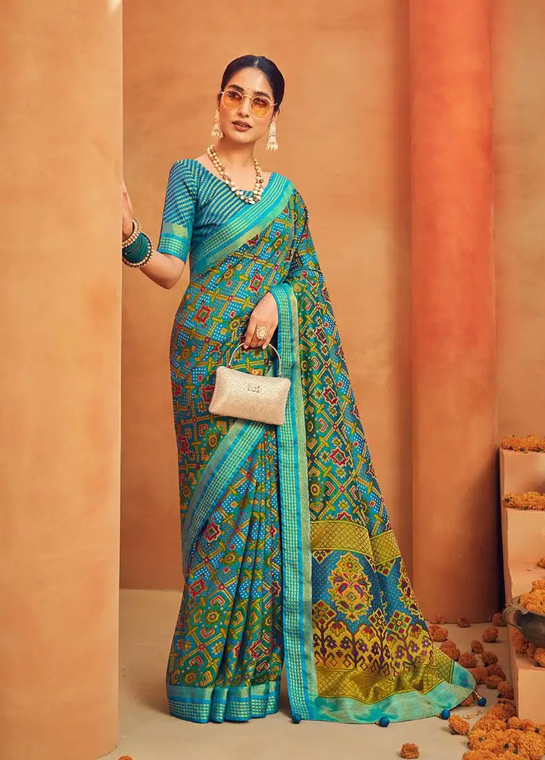 Aqua blue georgette printed saree