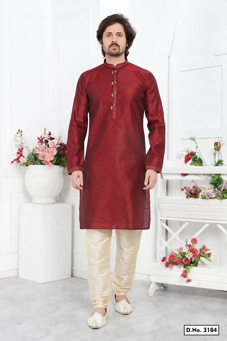 Men maroon jacquard silk brocade straight kurta without lining