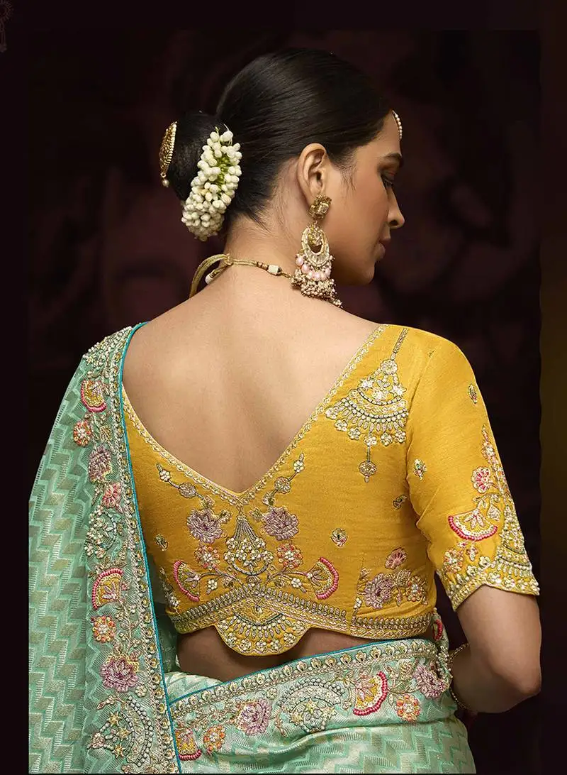 Aqua blue kanjivaram silk sangeet saree