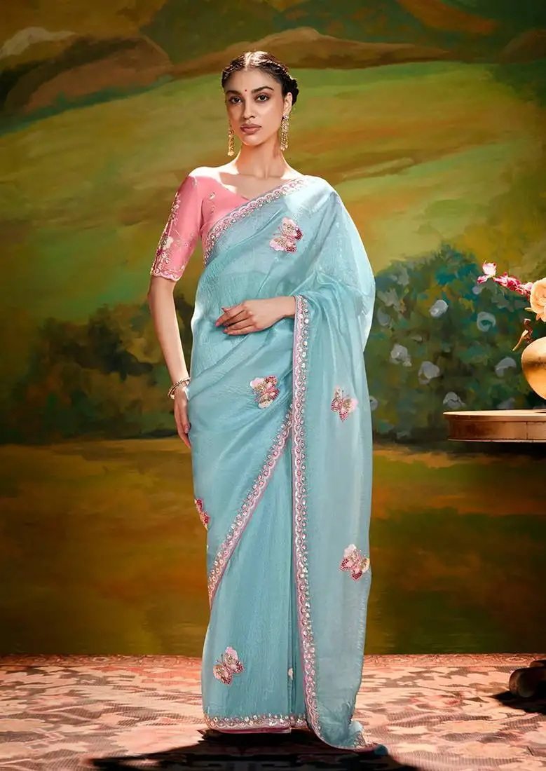 Aqua blue embroidered tissue saree