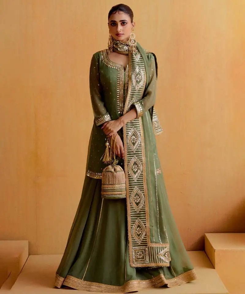 Olive georgette gota dori embroidered lehenga