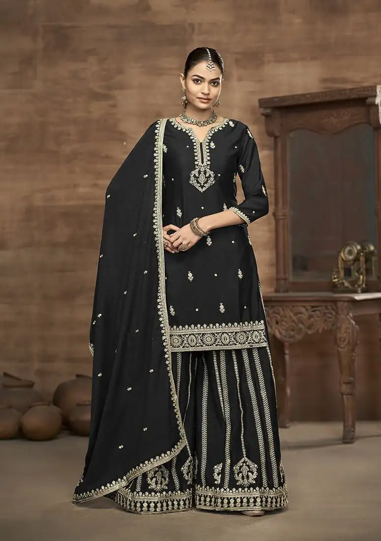 Black embroidered chinon readymade salwar suit stitched