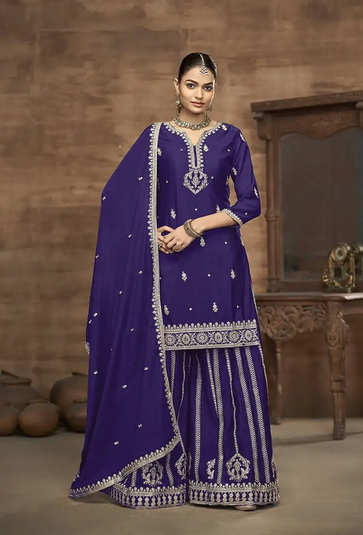 Purple embroidered chinon readymade salwar suit stitched