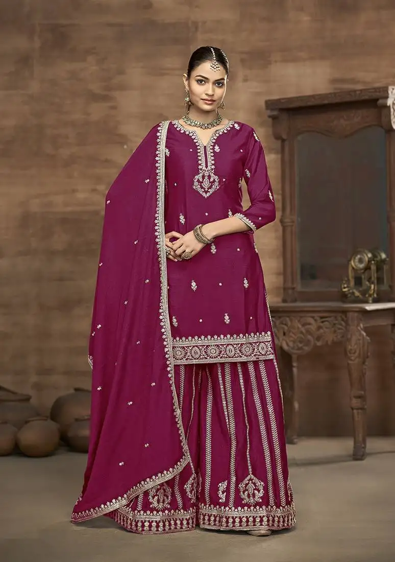 Rani pink embroidered chinon readymade salwar suit stitched