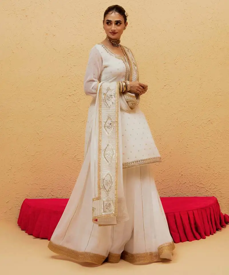 White georgette gota dori embroidered lehenga