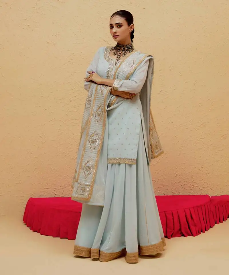 Light blue georgette gota dori embroidered lehenga