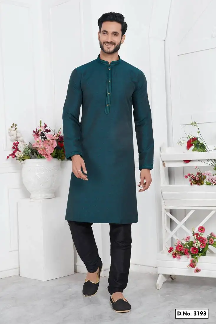 Men dark teal green jacquard silk brocade straight kurta with lining