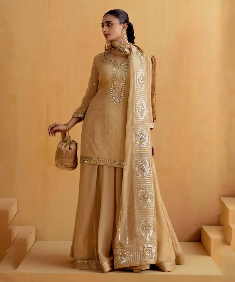 Beige georgette gota dori embroidered lehenga