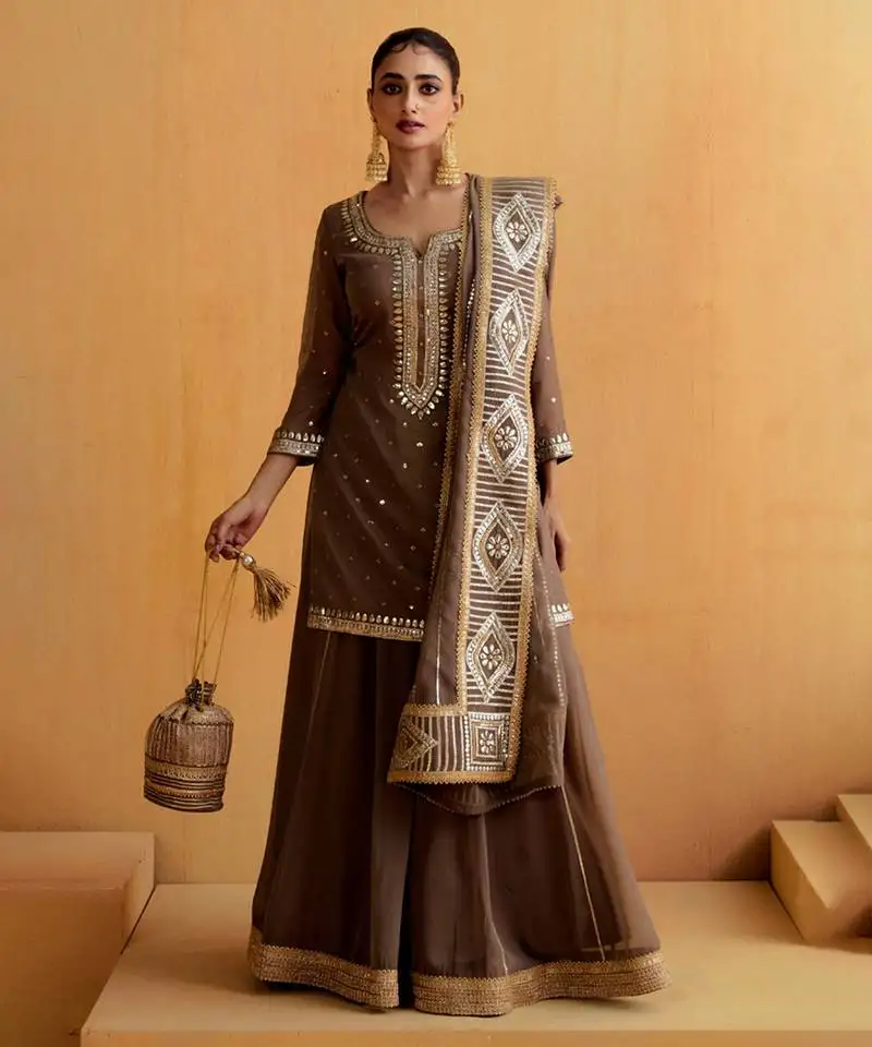Brown georgette gota dori embroidered lehenga