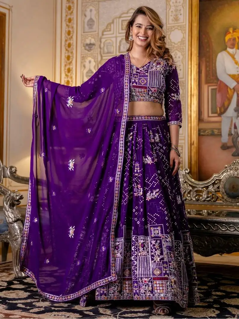 Purple georgette lehenga choli set with thread and sequin embroidery