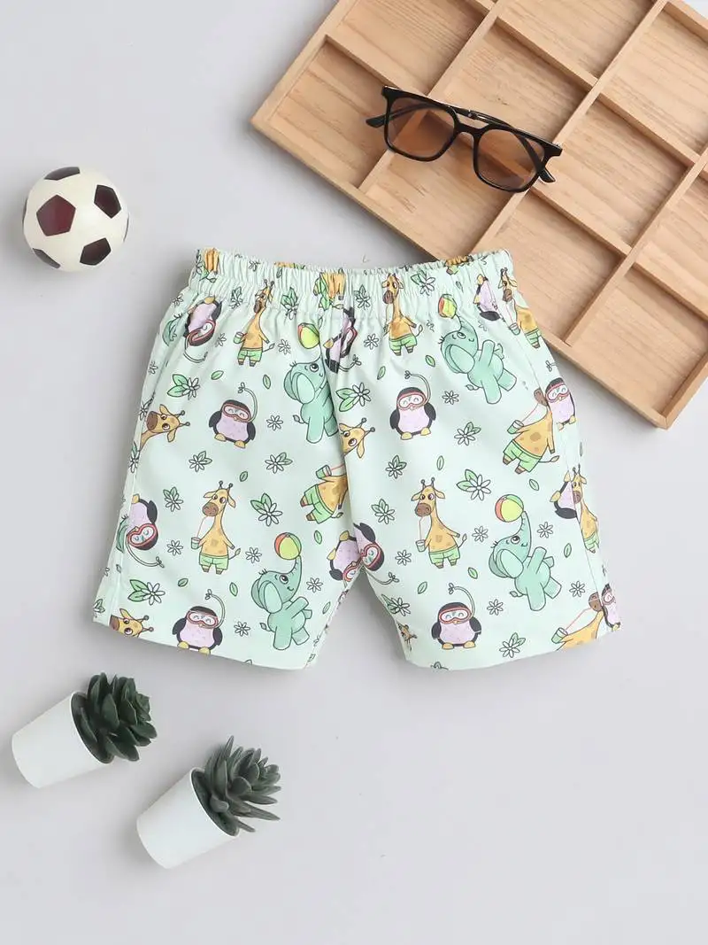 Green cotton woven printed shorts for girls and boys only bottom