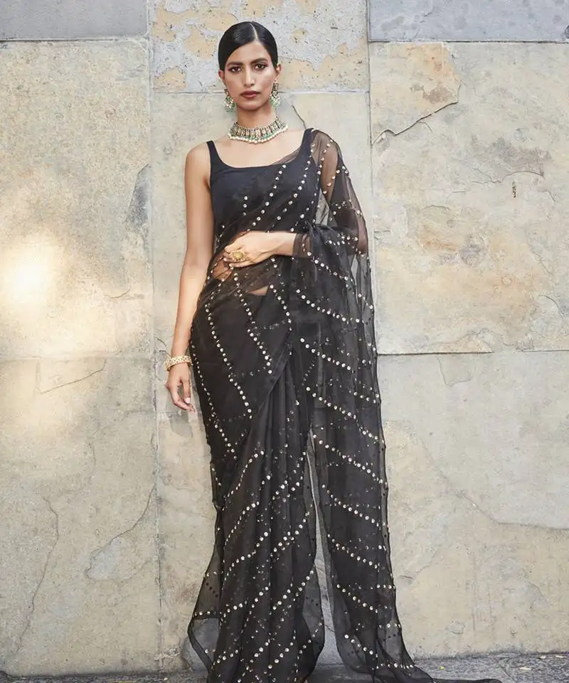 Black silk saree with squins embroidery