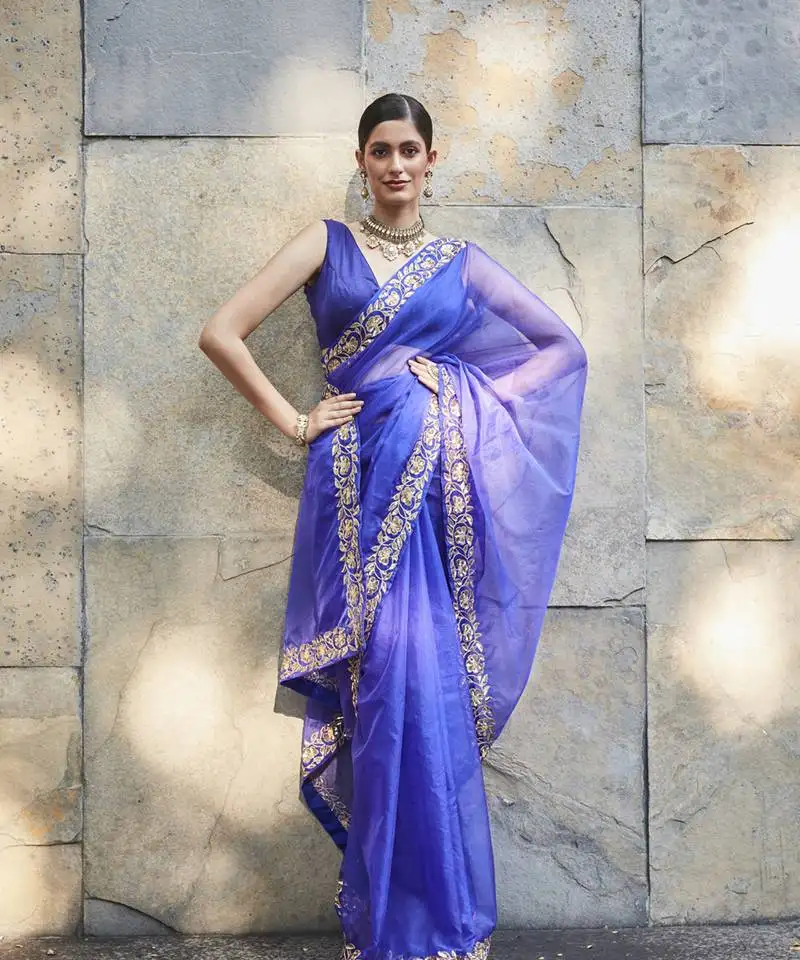 dark purple silk zari woven embroidered saree