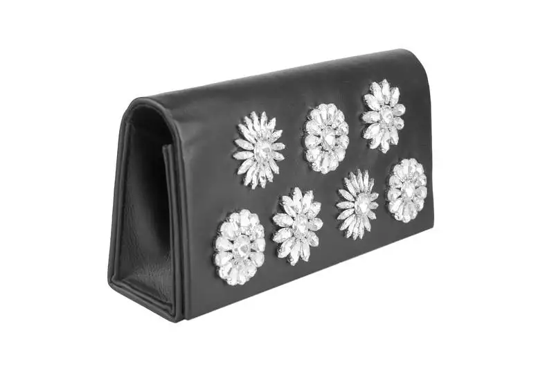 Noir black bloom embellished leather clutch