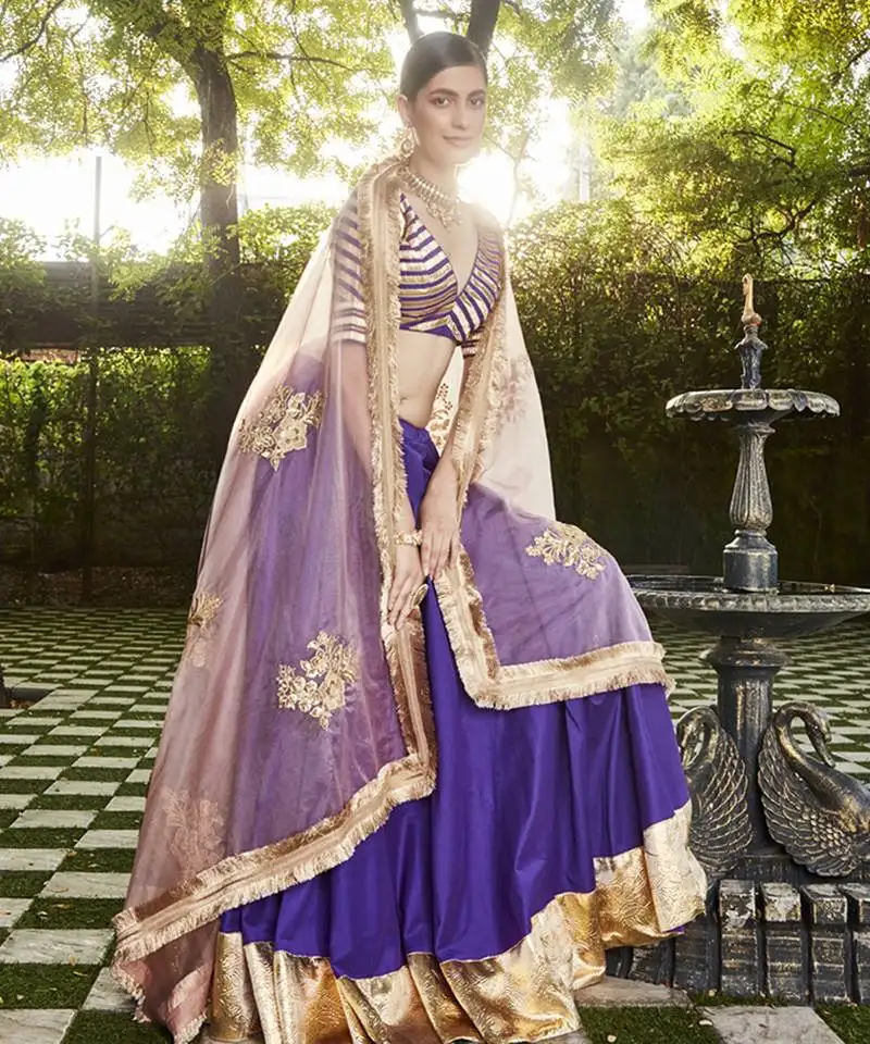 Purple silk plain lehenga with gota border