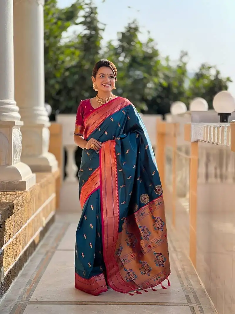 Teal soft paithani silk blend meenakari weaving saree with unstitched blouse