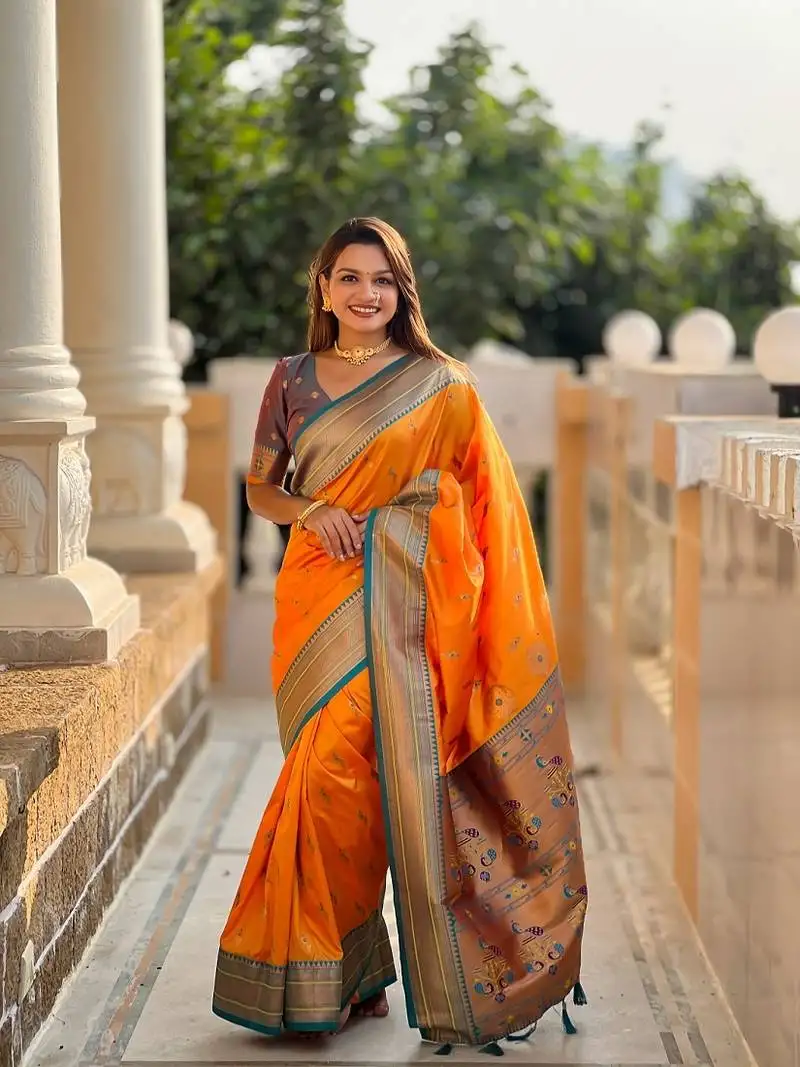 Mustard soft paithani silk blend meenakari weaving saree with unstitched blouse