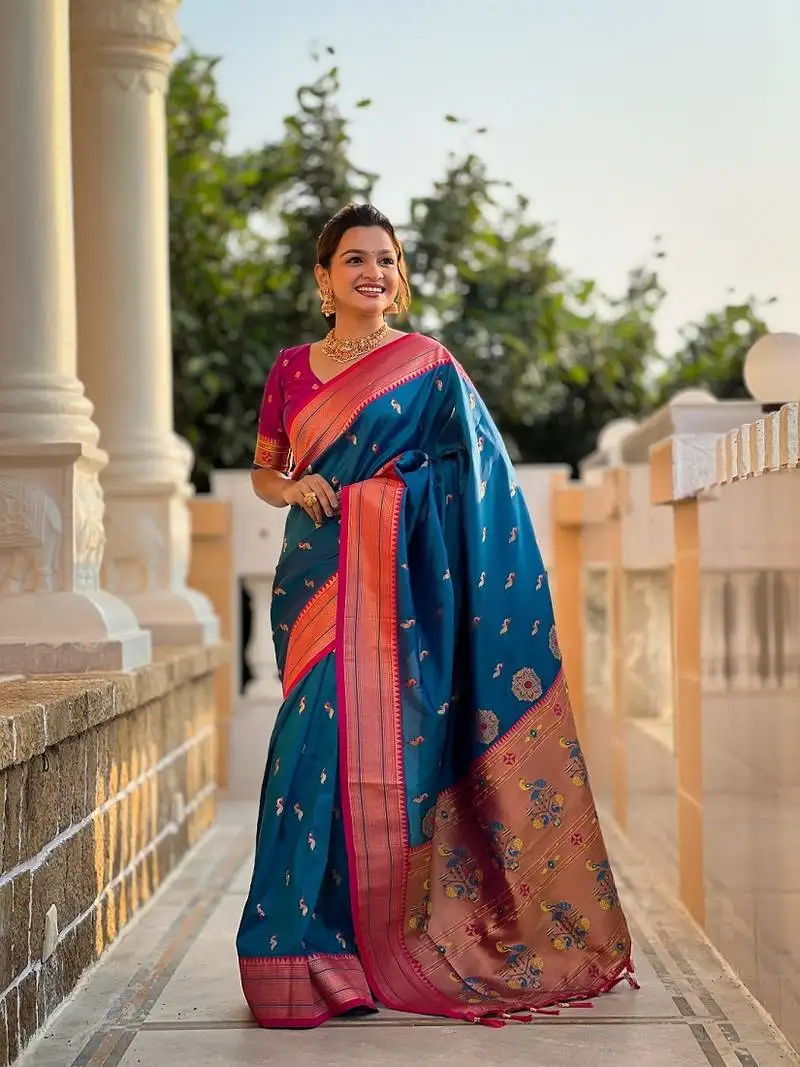 Skyblue soft paithani silk blend meenakari weaving saree with unstitched blouse