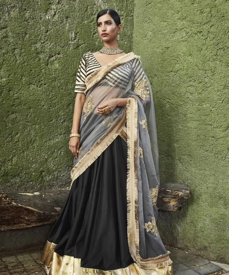 Silk plain black lehenga with gota border