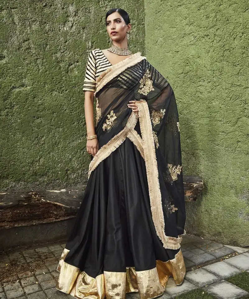 Black silk plain lehenga with gota border