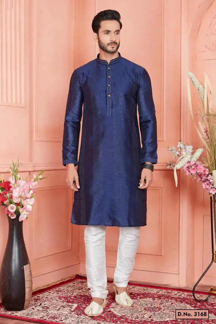Men blue jacquard silk brocade pintux straight kurta