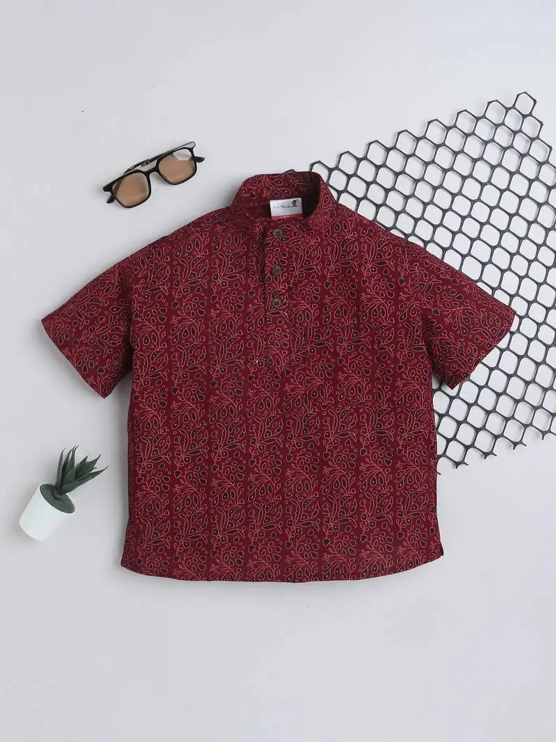 Maroon cotton half sleeves printed mandarin collar style short kurta