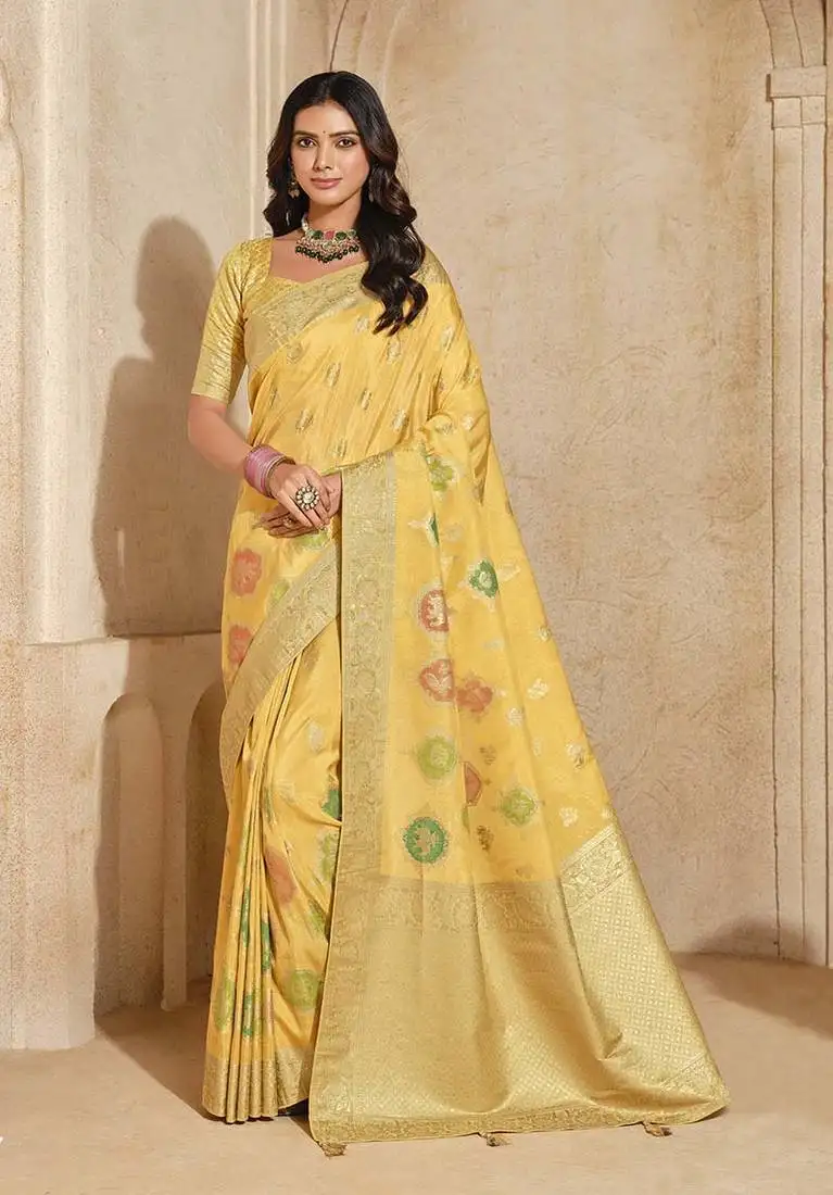 Yellow weaving silk blend saree