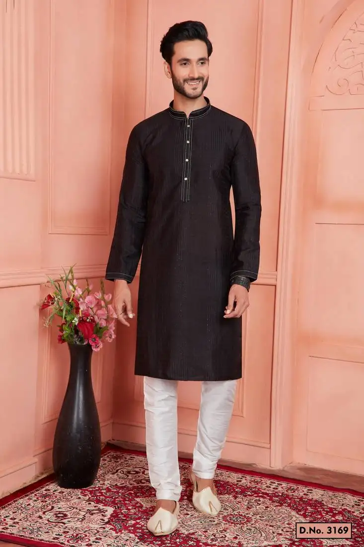 Men black jacquard silk brocade pintux straight kurta