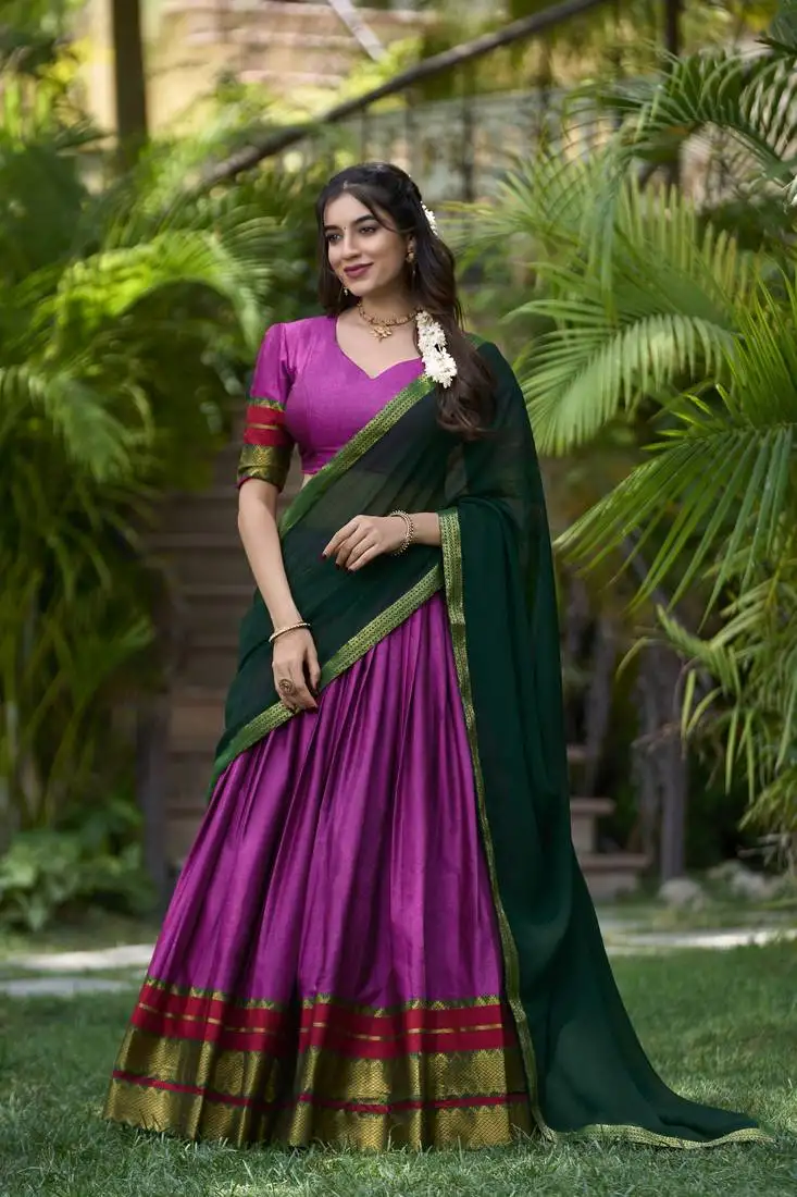 Pink poly cotton south indian style lehenga choli set