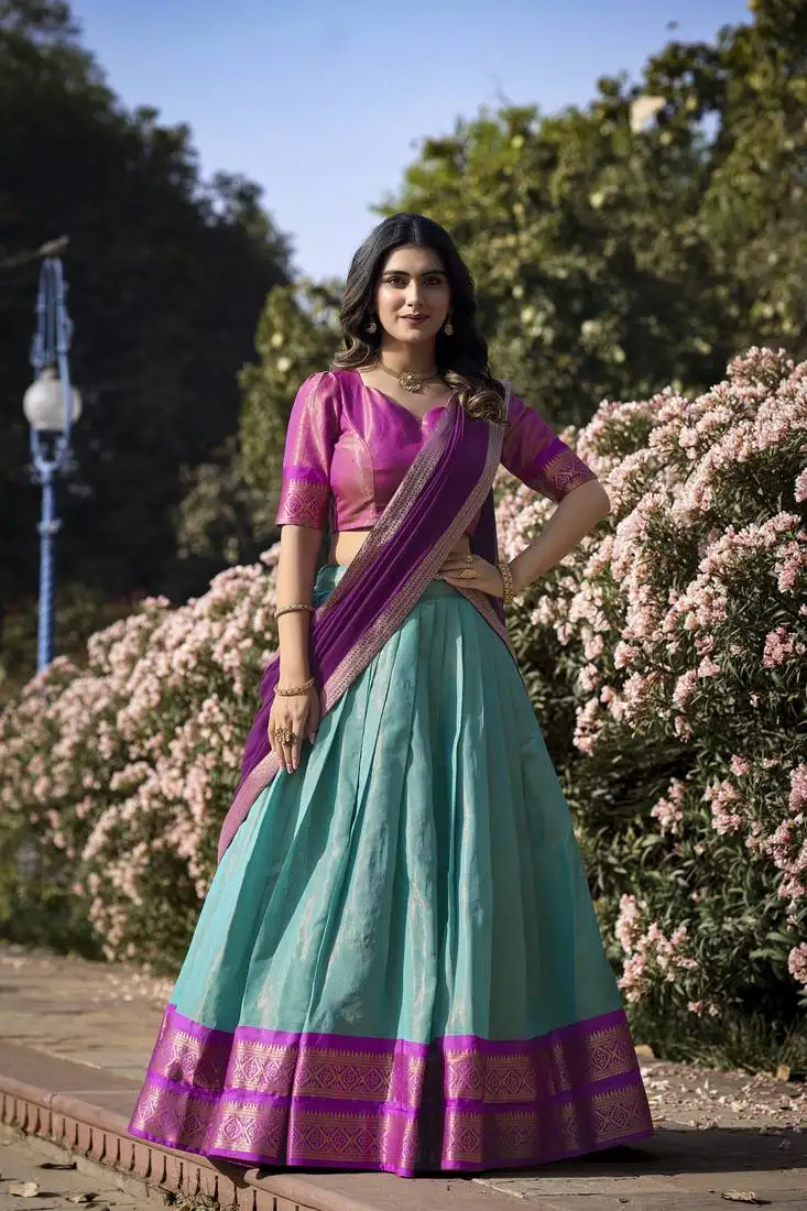 Aqua blue poly cotton south indian style lehenga choli set