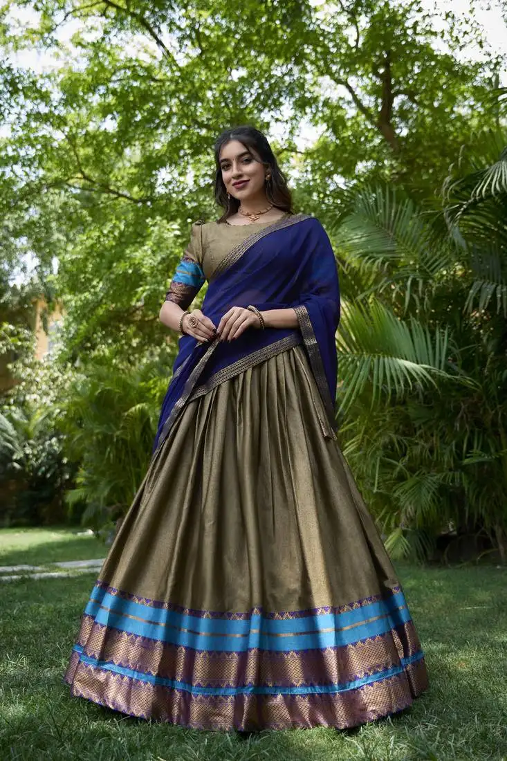 Brown poly cotton south indian style lehenga choli set