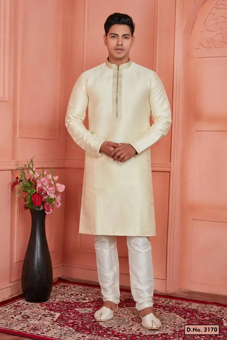 Men cream jacquard silk brocade pintux straight kurta