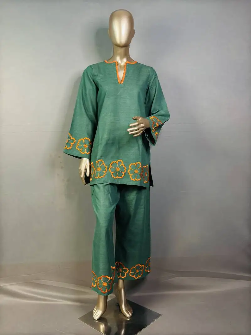 Green embroidered kurta set